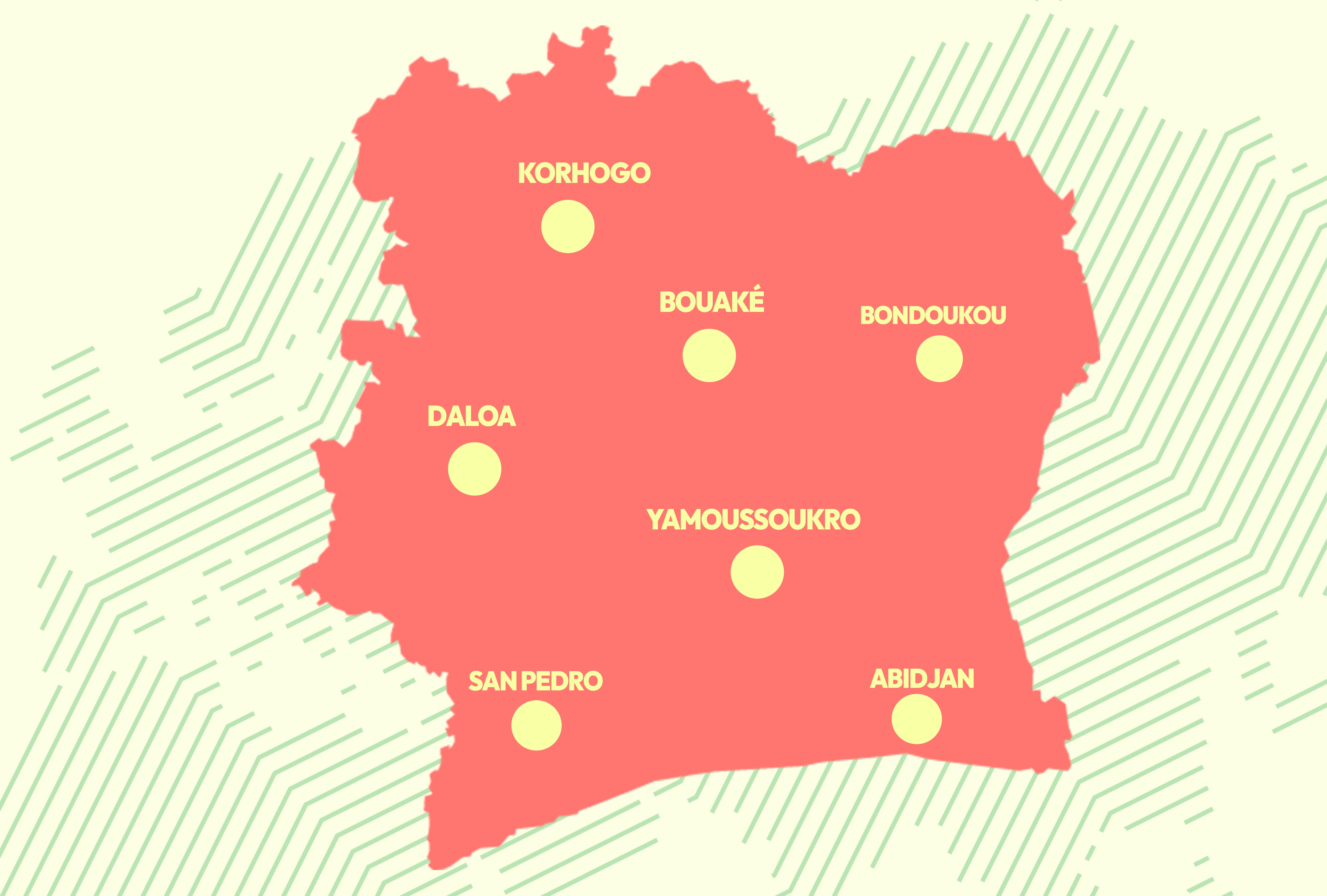 Carte de la Côte d'Ivoire avec les villes couvertes par AY SOLUTIONS